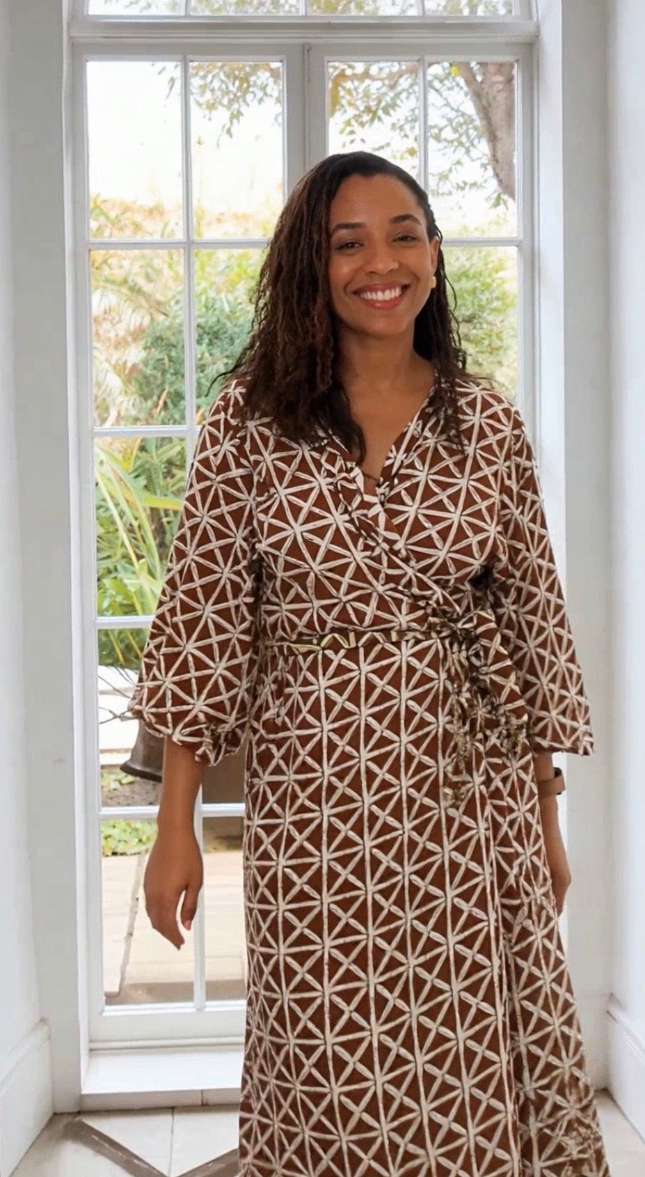 Onna Ehrlich African Print Robe in warm brown geometric pattern — wrap silhouette, kimono sleeve