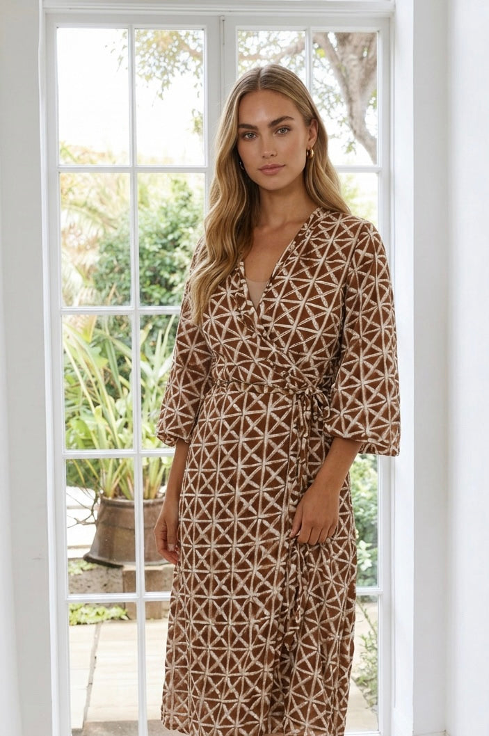 Onna Ehrlich African Print Robe — warm brown African geometric wrap robe with kimono sleeves