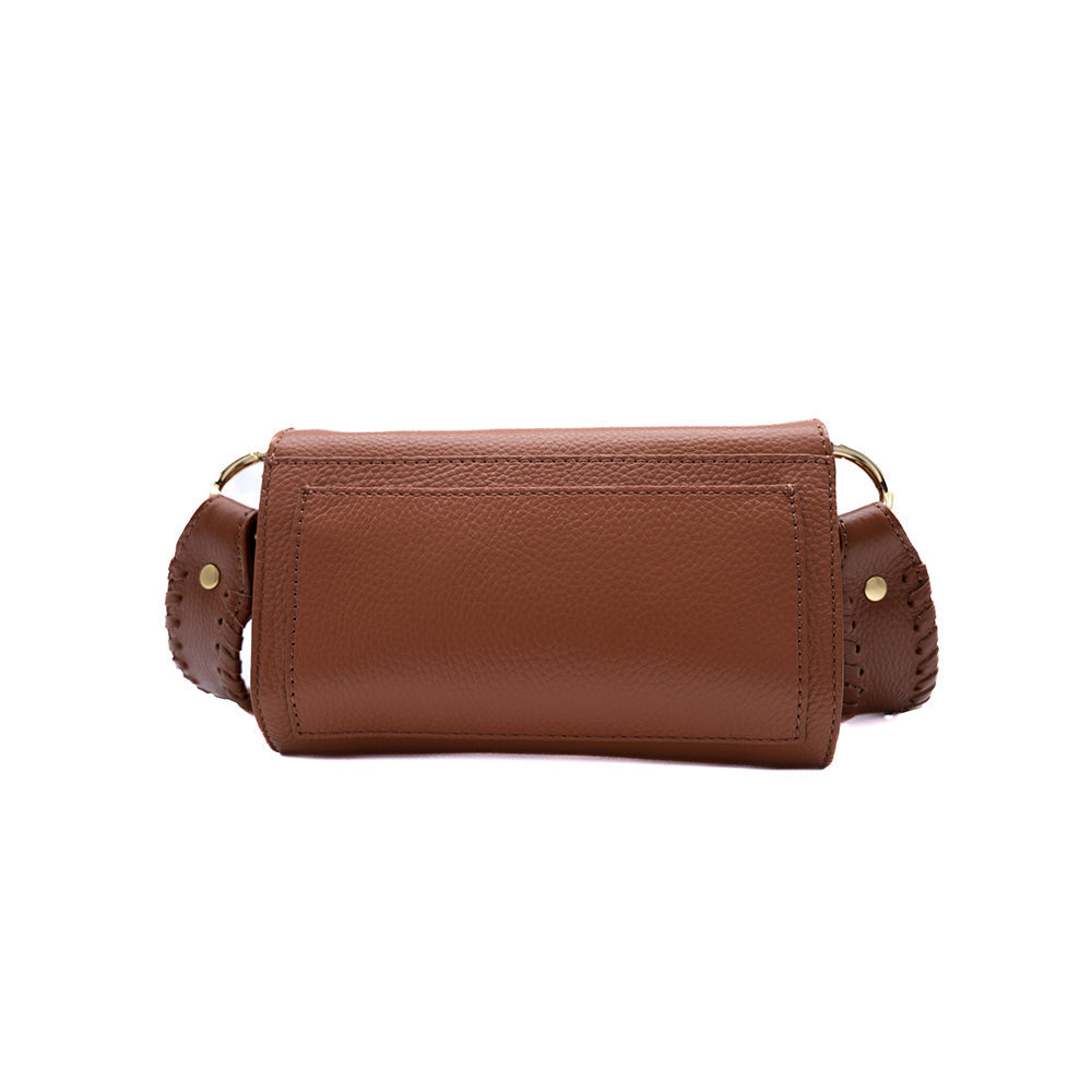 Lelu crossbody bag in rich cognac hue, displayed to emphasize its sleek design and stylish