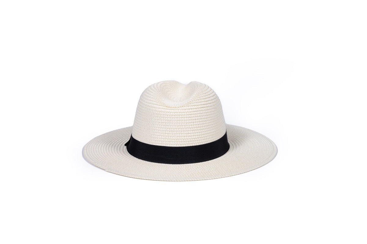 Onna Ehrlich Foldable cream colored hat, laid out to showcase, perfect for stylish sun protection and foldable for traveling 