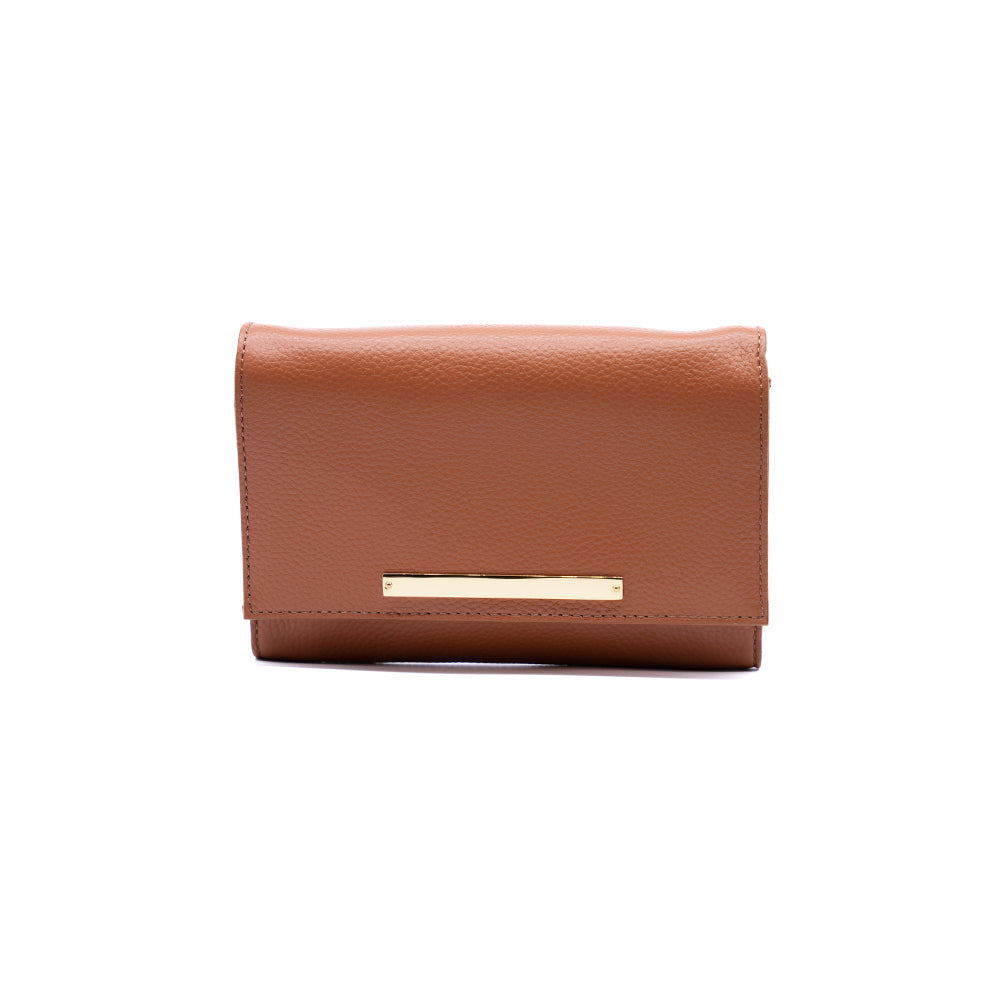 Lelu crossbody bag in rich cognac hue, displayed to emphasize its sleek design and stylish versatility for on-the-go fashion